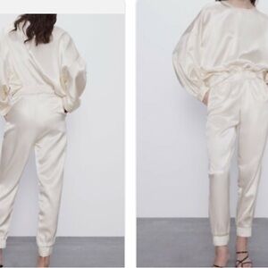 Zara Cream Track Pants with Tapered Legs and Tie Waist